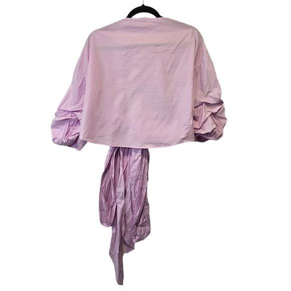 Lovers and Friends M Revolve Bow Blouse Pink True Wrap Ruched Sleeves - Picture 2 of 6